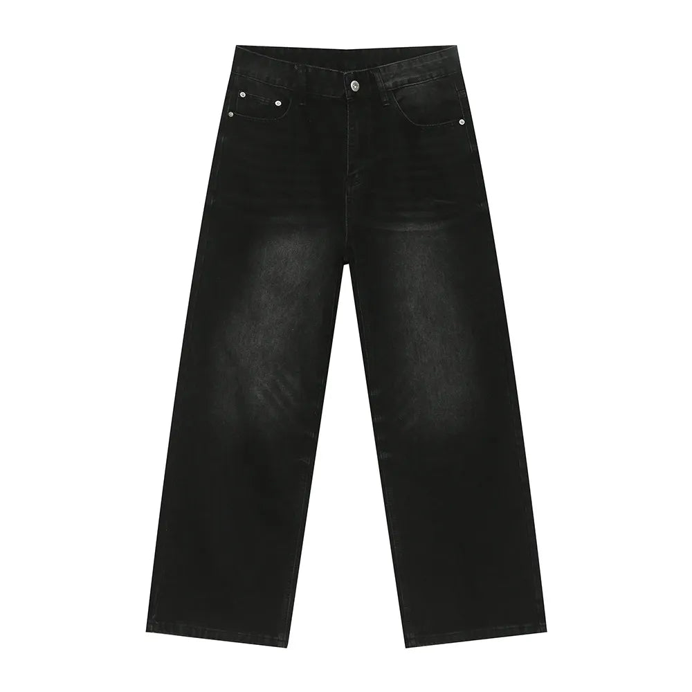 Oversized baggy black denim trousers with a washed finish and wide leg.