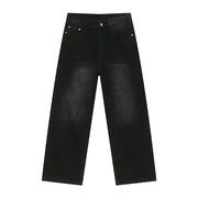 Oversized baggy black denim trousers with a washed finish and wide leg.