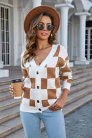Checkerboard knit cardigan in caramel and white with V-neck and button front.