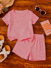 Children's pink ribbed knit tee and shorts set, crew neck, short sleeve, comfortable casual outfit.