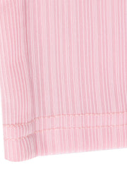 Crinkled wide leg pants in pink with white pinstripes and a drawstring detail.