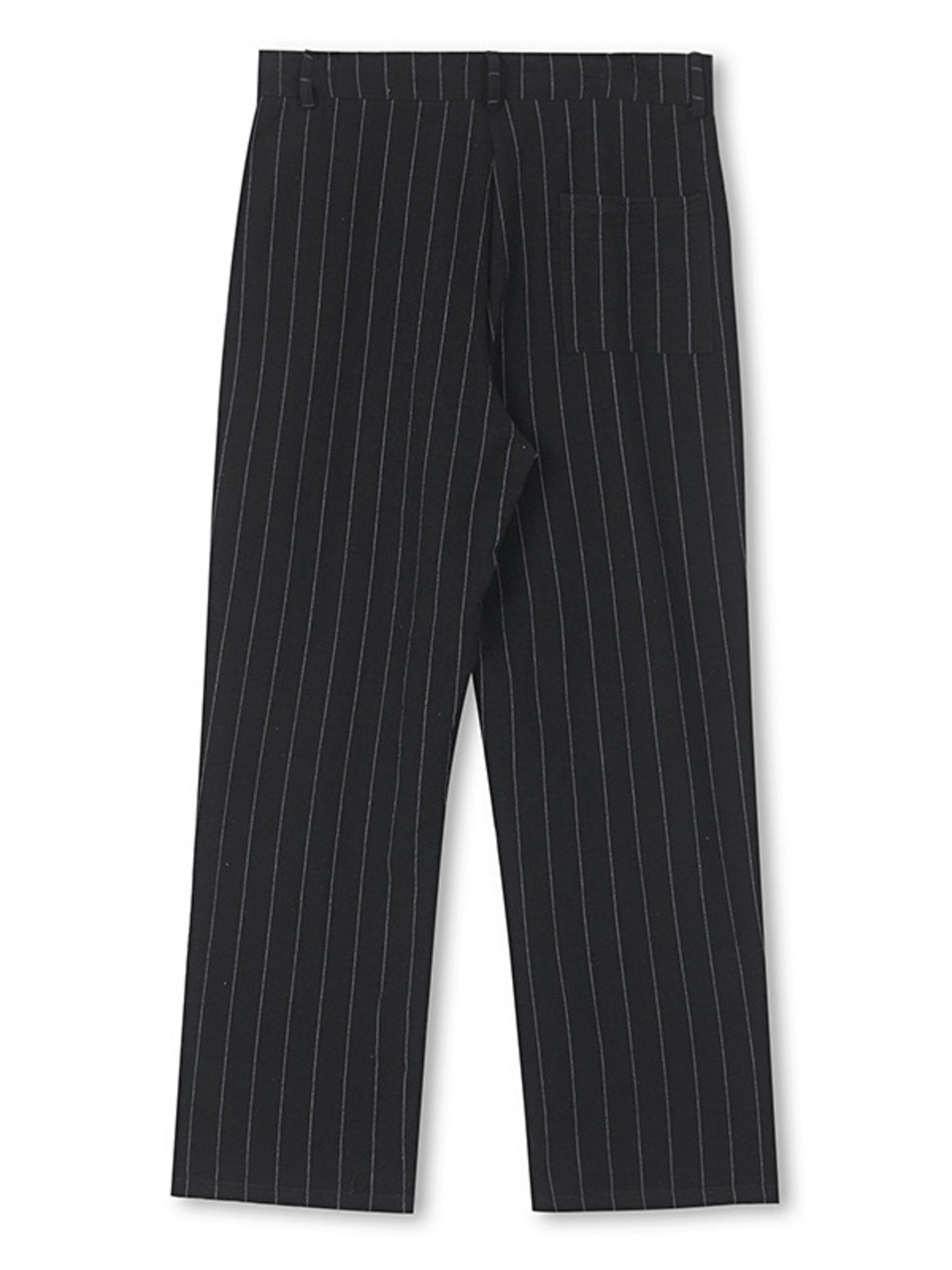 Black pinstripe sweatpants with a wide-leg cut and back pocket detail.