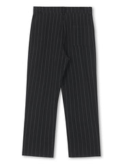 Black pinstripe sweatpants with a wide-leg cut and back pocket detail.