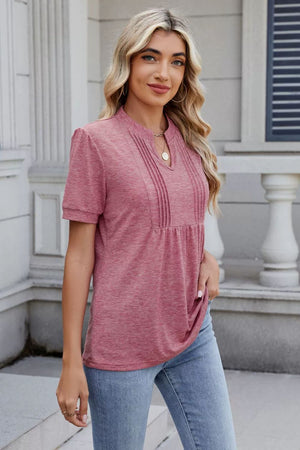Dusty pink pleated yoke keyhole neckline short sleeve blouse