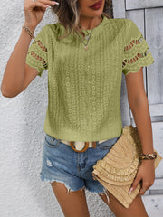 Scalloped eyelet sleeve blouse in pink purple, light blue, burgundy, black, white, khaki, camel, sage, beige, orange-red