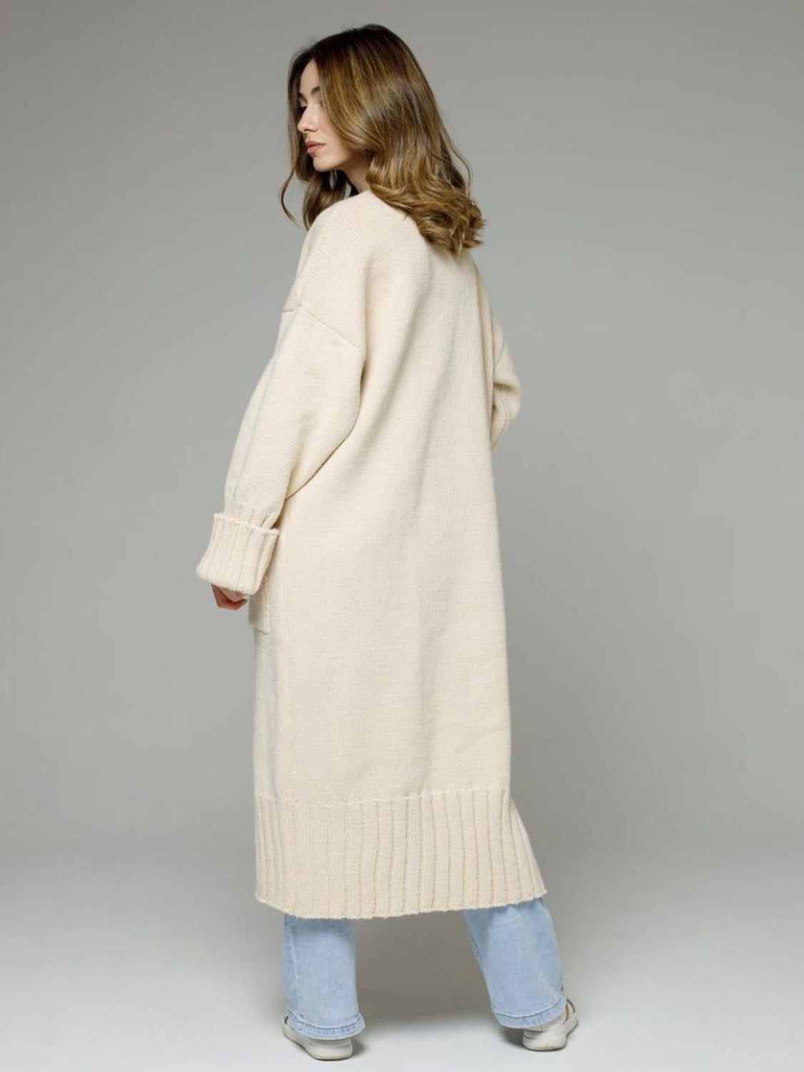 Cream oversized ribbed-trim maxi cardigan with cuffed sleeves and a ribbed hem.
