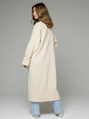 Cream oversized ribbed-trim maxi cardigan with cuffed sleeves and a ribbed hem.