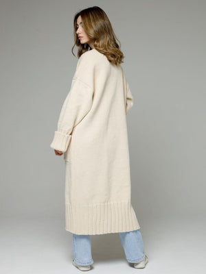 Cream oversized ribbed-trim maxi cardigan with cuffed sleeves and a ribbed hem.