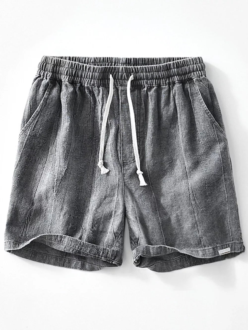 Men's relaxed fit gray drawstring shorts with elastic waistband and pockets.