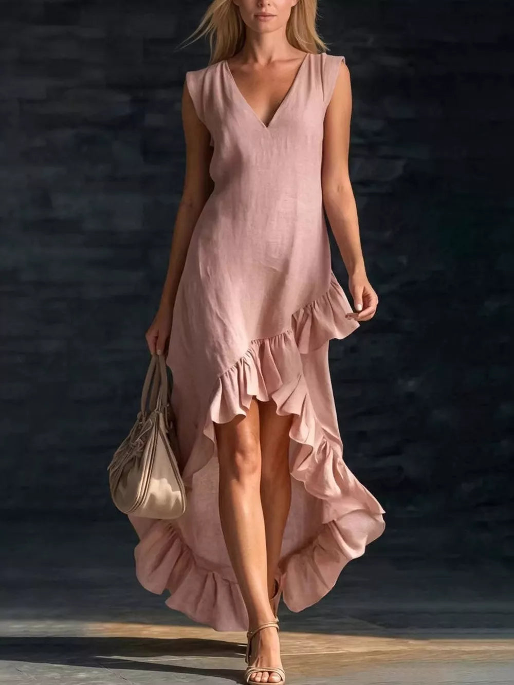 Full Size V-neck Ruffle Hem High-low Dress, front view