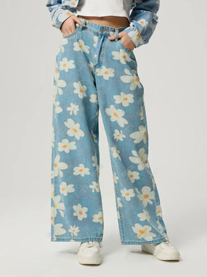 Daisy Field Wide Leg Denim jeans in light wash with a white floral print and button fly.