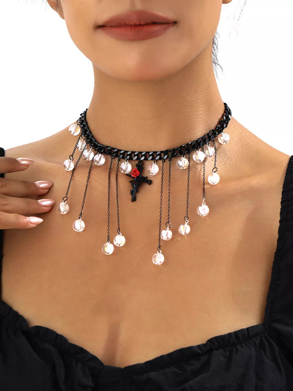 Gothic Rose Cross Dangle Necklace Alloy Resin in Black, front view