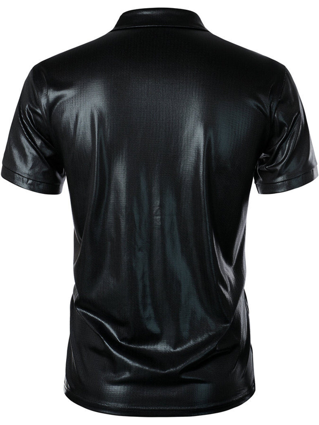 Black collared polo shirt with textured finish and short sleeves.