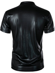 Black collared polo shirt with textured finish and short sleeves.