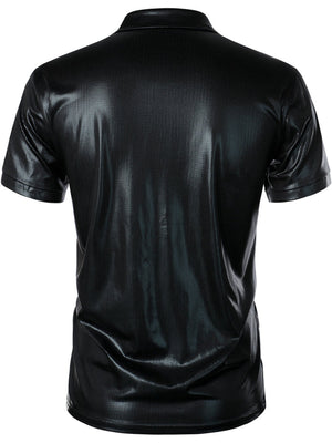 Black collared polo shirt with textured finish and short sleeves.