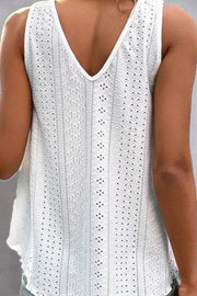 White eyelet inset V-neck tank top with a casual, chic style.