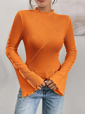 Orange lettuce edge flare sleeve t-shirt with seam detail
