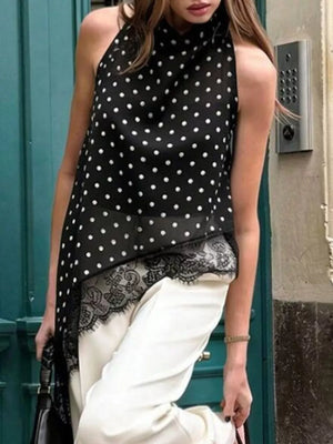 Polka Dot Lace Trim Asymmetrical Hem Sleeveless Blouse in Brown, side view