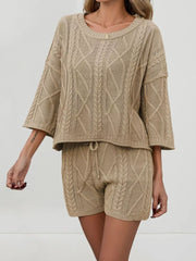 Cozy cable-knit two-piece sweater set in khaki with drawstring shorts and a relaxed fit sweater.