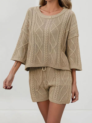 Cozy cable-knit two-piece sweater set in khaki with drawstring shorts and a relaxed fit sweater.