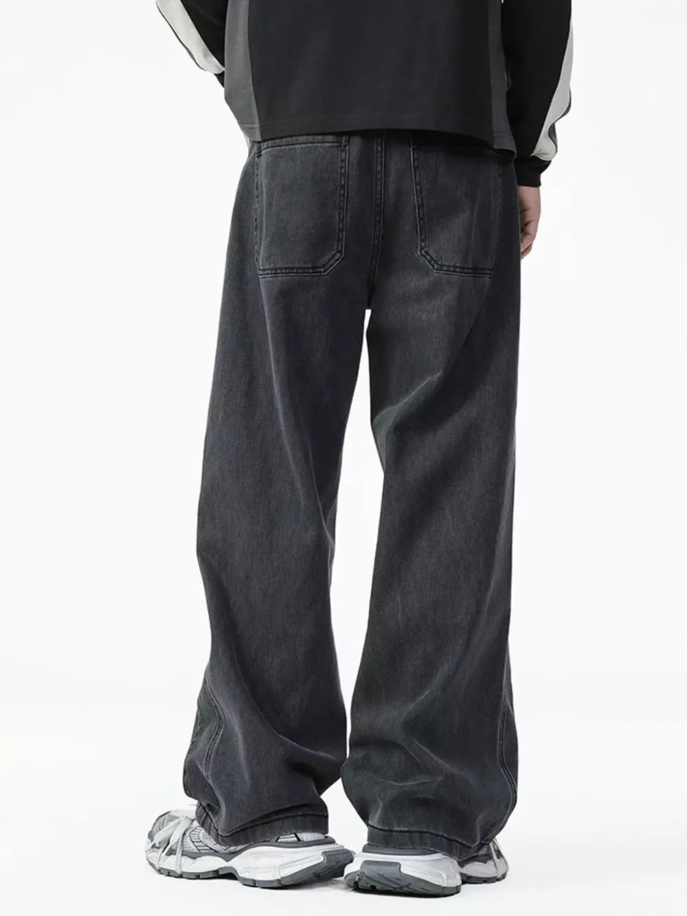 Men's dark wash cotton wide-leg jeans with two back pockets.