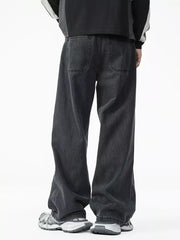 Men's dark wash cotton wide-leg jeans with two back pockets.