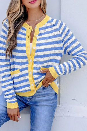 Button-down V-neck Knit Long-sleeve Top in Light Blue, back view