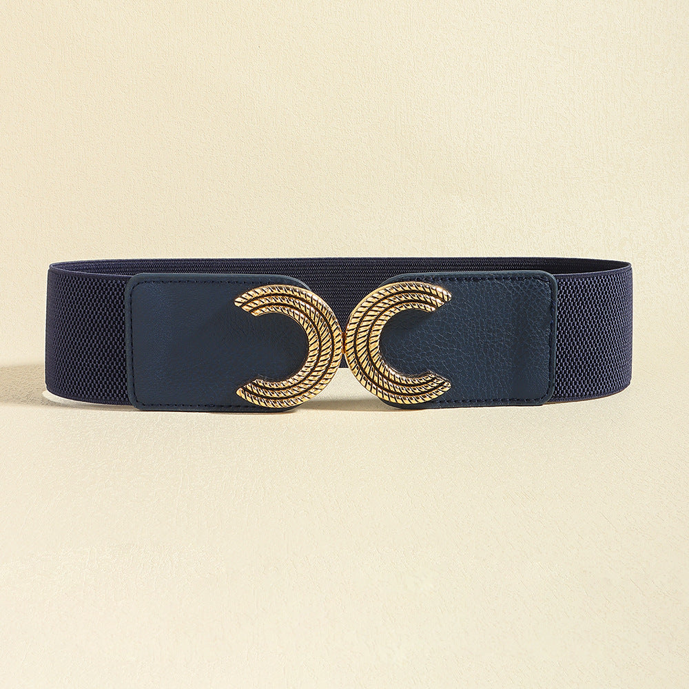 Dark blue stretch belt with double C gold buckle detail