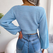 Sky blue ribbed knit crop top with balloon sleeves, casual chic style.