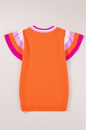 Orange knit blouse with flutter sleeves and colorblock trim in pink, purple, and white.