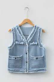 Light wash denim vest with frayed edges, button-down front, and chest pockets.