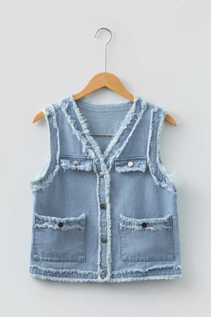 Light wash denim vest with frayed edges, button-down front, and chest pockets.