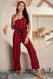 Red plaid cami jumpsuit with lace trim and drawstring waist