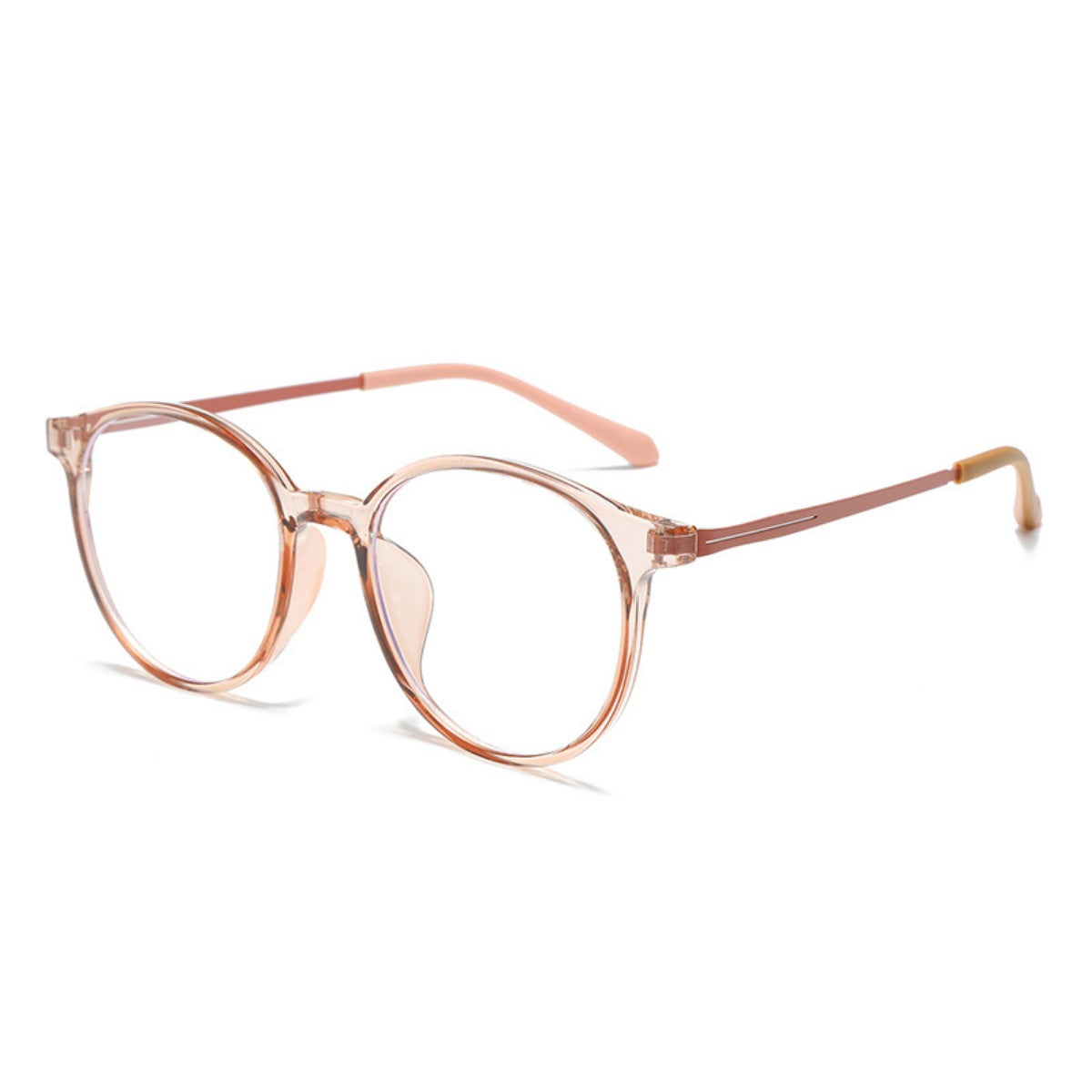Lightweight round acetate glasses with clear lenses and peach frames.