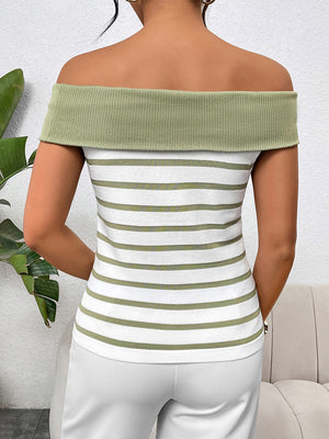 Off-shoulder knit top with green and white stripes and a ribbed neckline.