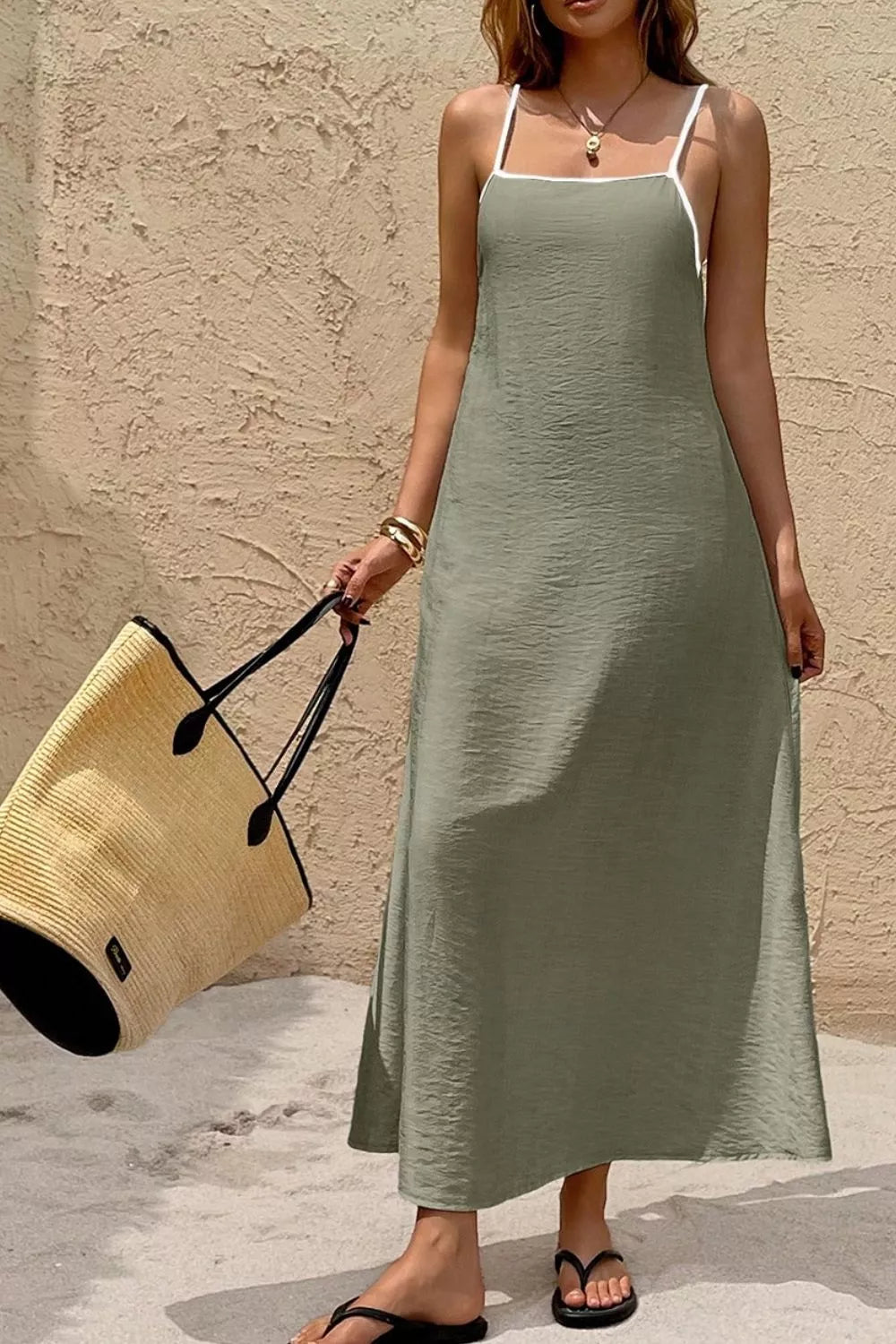 Spaghetti Strap Maxi Dress With Contrast Trim in Matcha Green, close-up detail
