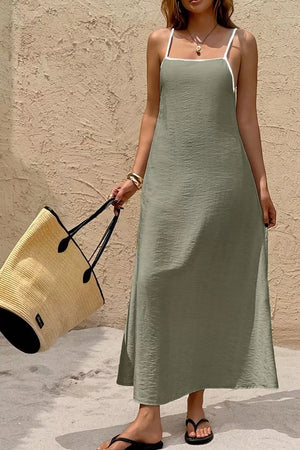 Spaghetti Strap Maxi Dress With Contrast Trim in Matcha Green, close-up detail
