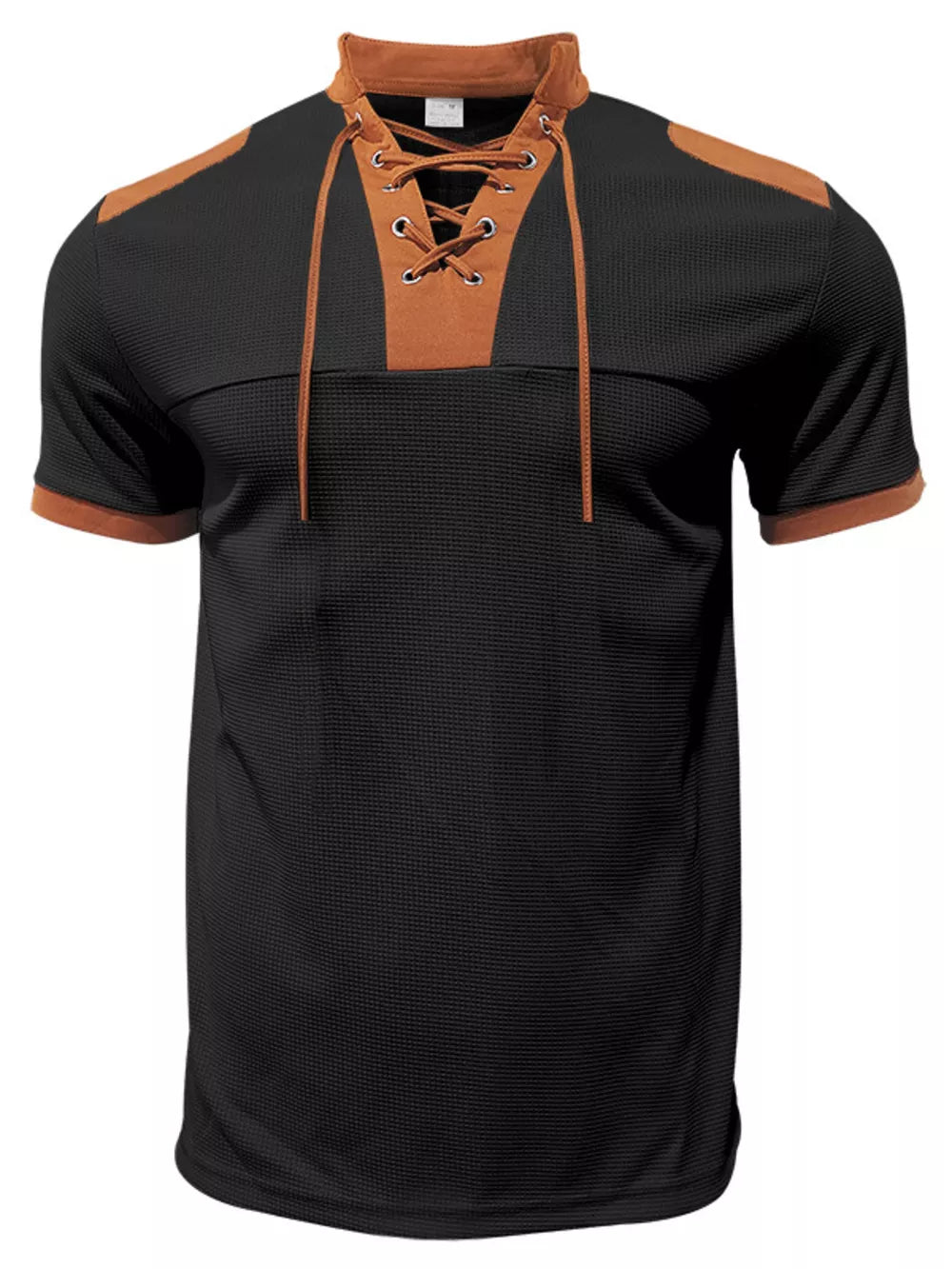 Black short sleeve t-shirt with brown suede accents and lace-up detail