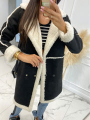 Black suede effect overcoat with shearling trim and collar, double-breasted front.