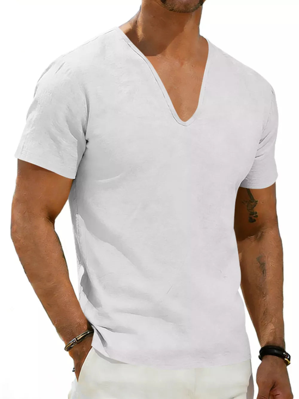 Men's white V-neck linen t-shirt with short sleeves and a relaxed fit.