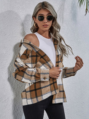 Checkered collared jacket in caramel and white with button details.