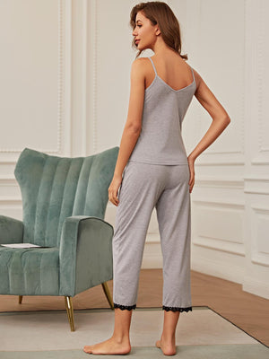 Light gray cami lounge set with lace trim on capri pants.