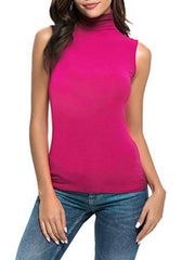 Sleeveless turtleneck t-shirt in Paohong pink, fitted silhouette, casual basic style.