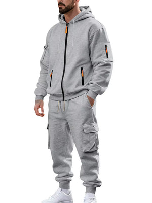 Men's Plus Size Casual Zip-up Hoodie And Cargo Pants Set in Dark Gray, view 13