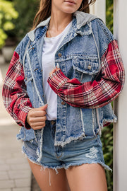 Denim plaid hybrid trucker jacket with distressed details and a hood.