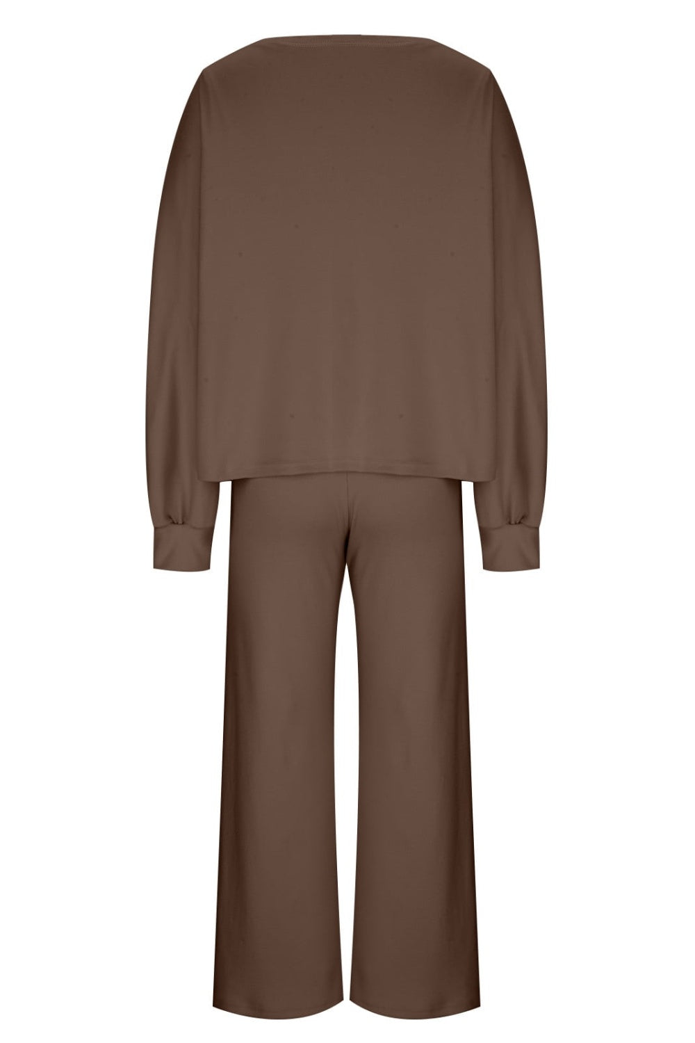 Brown wide-leg lounge set with balloon sleeves and crew neck top