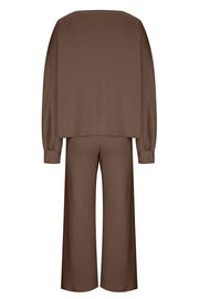 Brown wide-leg lounge set with balloon sleeves and crew neck top