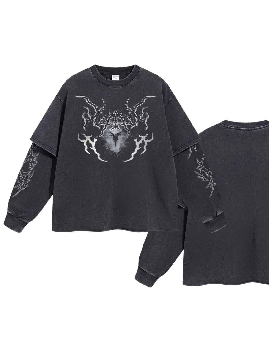 Black layered graphic sweatshirt with distressed wash and bold front design.