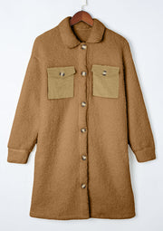 Brown sherpa coat with corduroy patch pockets and button front.