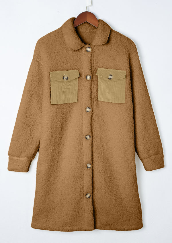 Brown sherpa coat with corduroy patch pockets and button front.